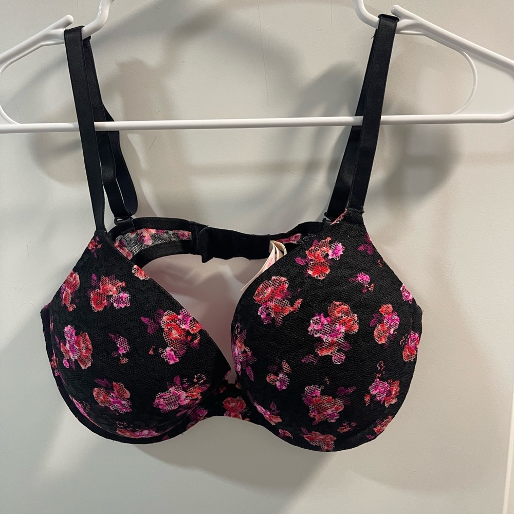 Victoria's Secret Black Bra with Pink & Red Floral Print Accents